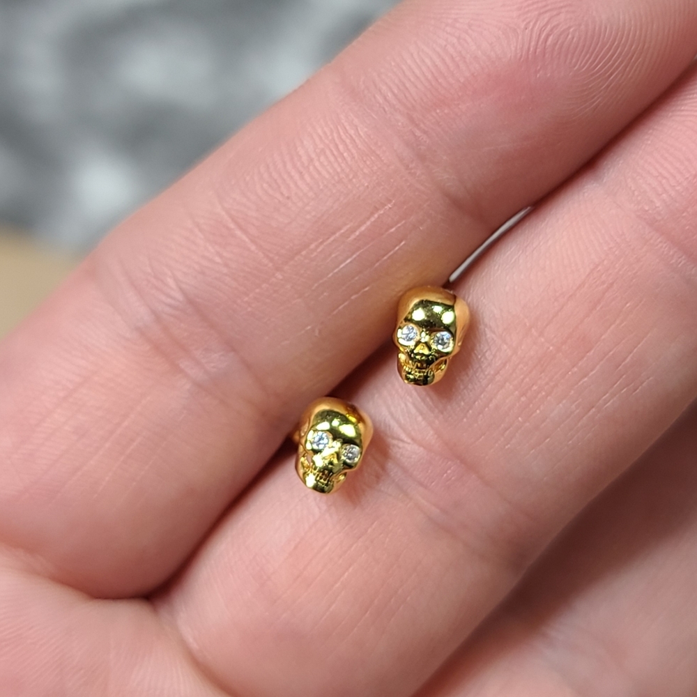 💀 925 Sterling Silver Skull Yellow Gold Plated CZ - Picture 12 of 15